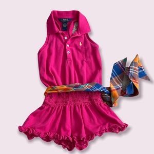 POLO RALPH LAUREN girls mesh polo hot pink romper with collar and ribbon Size 4T